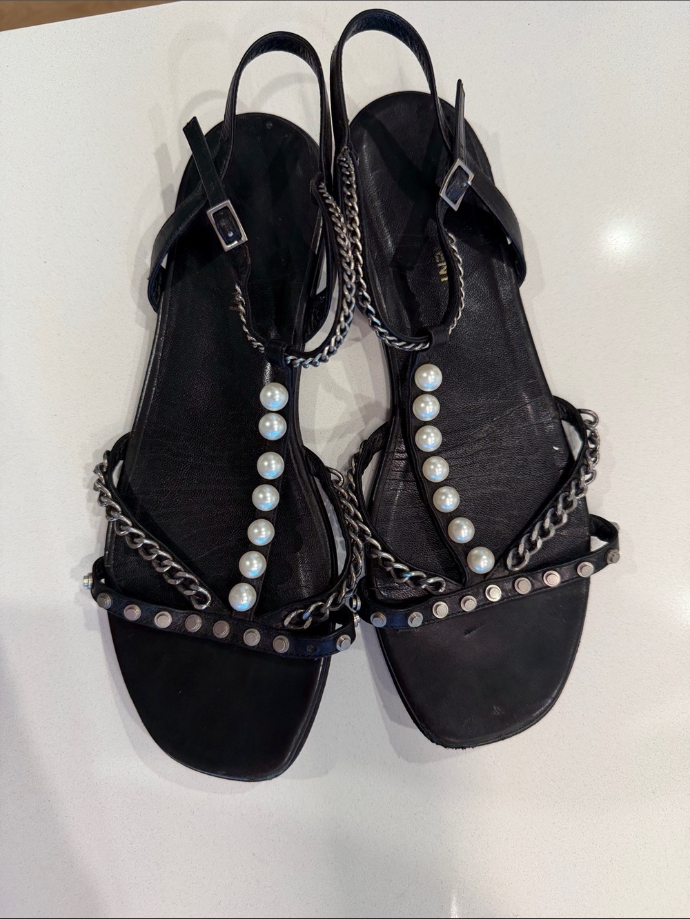 Saint Laurent Pearl Chain Black Studded T-Strap Flat Sandal Size 38